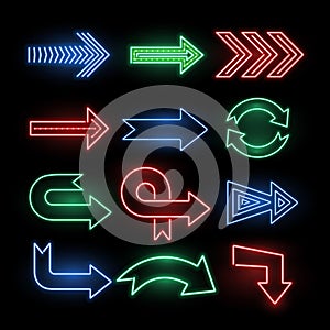 Retro neon direction arrow vector signs, icons