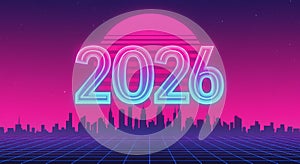 Retro neon future year 2026 glow backdrop