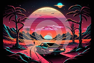 Retro neon landscape with muscle car. Generative AI photo