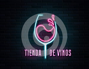 Retro neon wine glass sign on wall background photo