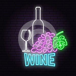 Retro neon wine sign on brick wall background.