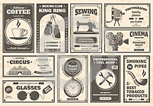 Retro newspaper goods and services old advertising banners. Vintage newspaper ads vector illustration set. Newspaper
