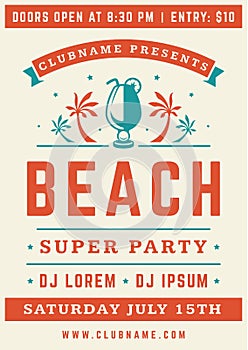 Retro nightclub beach summer party poster cocktail and palm trees design template vector flat