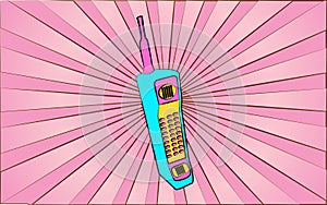Retro old antique hipster mobile phone from the 70s, 80s, 90s, 2000s against a background of abstract pink rays. Vector