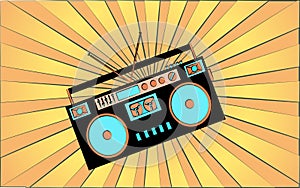 Retro old antique hipster music audio recorder from the 70s, 80s, 90s, 2000s against a background of abstract yellow rays. Vector