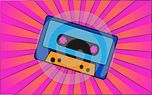 Retro old antique hipster musical audio cassette from the 70s, 80s, 90s, 2000s against a background of abstract purple rays.