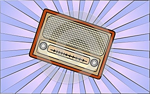 Retro old antique hipster radio receiver from the 70s, 80s, 90s, 2000s against a background of abstract blue rays. Vector