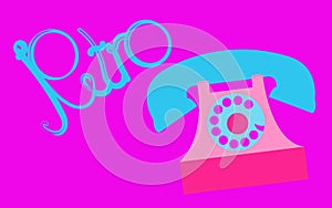 Retro, old, antique, hipster, vintage, ancient, disk, pink phone with a tube with a retro inscription written in beautiful blue le