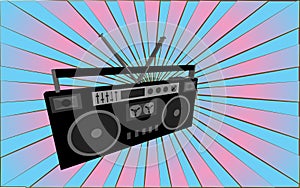 Retro old antique music audio recorder from the 70s, 80s, 90s, 2000s against a background of abstract blue and pink rays. Vector