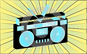 Retro old antique music audio recorder from the 70s, 80s, 90s, 2000s against a background of abstract yellow rays. Vector