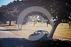 Retro old car under tree parked at highway