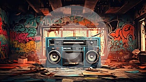 Retro old design ghetto blaster boombox radio cassette tape recorder from 1980s in a grungy graffiti covered room.music blaster