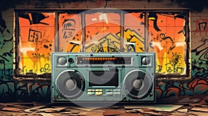 Retro old design ghetto blaster boombox radio cassette tape recorder from 1980s in a grungy graffiti covered room.music blaster