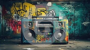 Retro old design ghetto blaster boombox radio cassette tape recorder from 1980s in a grungy graffiti covered room.music blaster