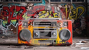 Retro old design ghetto blaster boombox radio cassette tape recorder from 1980s in a grungy graffiti covered room.music blaster