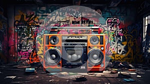 Retro old design ghetto blaster boombox radio cassette tape recorder from 1980s in a grungy graffiti covered room.music blaster