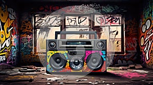 Retro old design ghetto blaster boombox radio cassette tape recorder from 1980s in a grungy graffiti covered room.music blaster