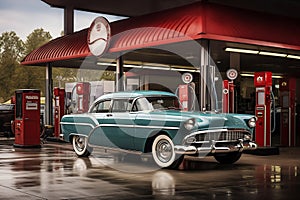 Retro old-fashioned car at obsolete gas station. Generative AI