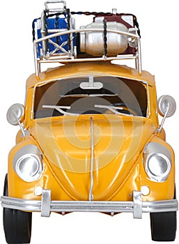 Retro, Old-fashioned, Vintage Yellow VW Beetle Tin model toy car isolated on white transparent background PNG