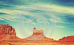Retro old film style rock formations in Monument Valley, USA.
