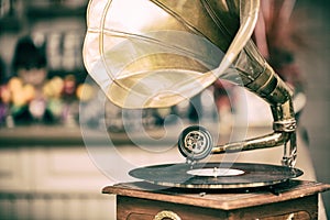 Retro old gramophone radio. Vintage style toned photo