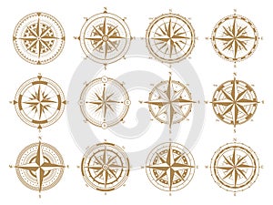 Retro old nautical navigation rose wind compass. Vintage rose wind marine navigation measure compasses vector