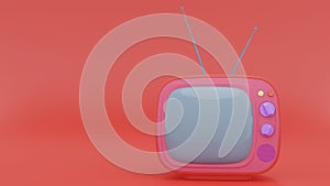 Retro old orange TV receiver on the red background. Gradient red background. Antenna, purple handle, grey screen. Vintage style