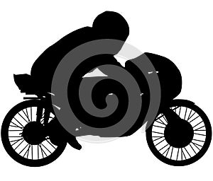 Retro old racing motorcycle, Bike with the racer accelerating, motorcycle riding on the rear wheel Wheelie. silhouette