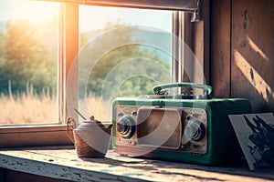 Retro old radio stands on a wooden table near the window. World Radio Day.