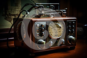 Retro old radio with world map background. World Ham Radio Day