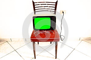 Retro old TV  with frame screen isolate on Green Chroma Key