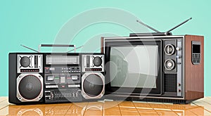Retro old TV set and Boombox. 3D rendering on the wooden desk