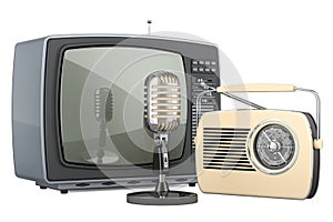 Retro old TV set, FM radio receiver and microphone. Broadcasting concept. 3D rendering
