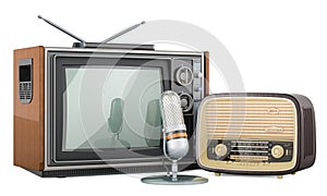 Retro old TV set, radio receiver and microphone. Broadcasting concept. 3D rendering