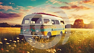 retro old van in field full of flower