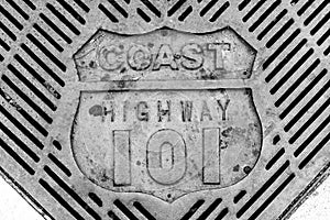 Retro old vintage coast highway 101 grate close-up in black and white