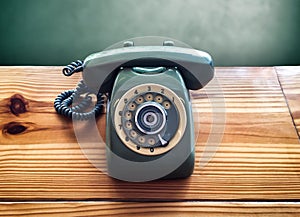 Retro old vintage telephone on wooden table