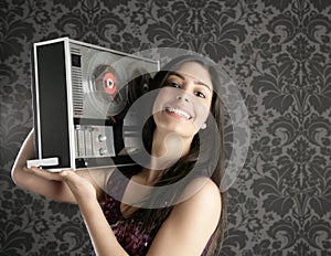 Retro open reel tape recorder brunette Dj