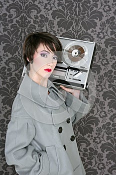 Retro open reel tape woman listening music