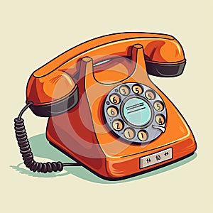 Retro Orange Telephone - Colored Cartoon Style With Detailed Penciling