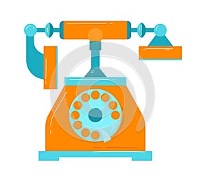 Retro orange telephone, vintage rotary dial phone. Communication and old technology concept vector illustration