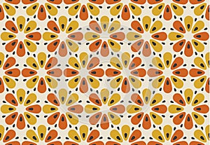 Retro orange and yellow color 60s flower motif. Geometric floral