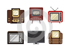 Retro Outdated Tv or Television Transmission Device with Screen and Antenna Vector Set