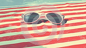 Retro pair of sunglasses on red and white striped beach towel