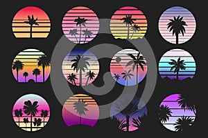 Retro palm sunset labels. Exotic tropical island landscape with striped sun and beach landscape. Vector retrowave summer