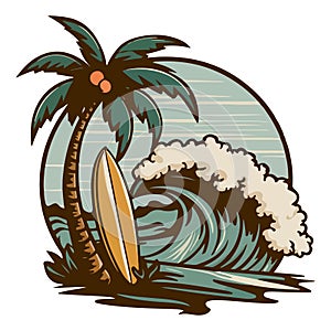 Retro Palm Tree and Surfboard Logo with Wave