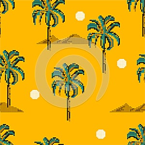 Retro Palm trees and island mountain pixle  in vector illustration. Design for fashion , fabric, web ,wallpaper, wrapping  and all