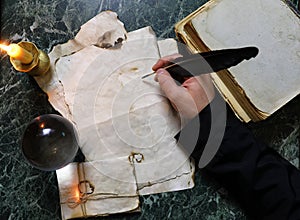 Retro papers and book on table with detective tools background
