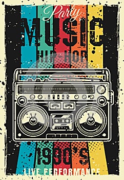 Retro party 90s vector colored poster with boombox