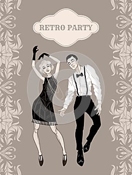 Retro party card, man and woman dressed in 1920s style dancing, flapper girls handsome guy in vintage suit, twenties, vector